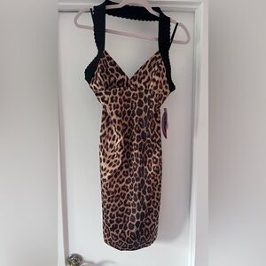 Patricia Field Barbie Satin leopard print halter dress size 8 BNWT
